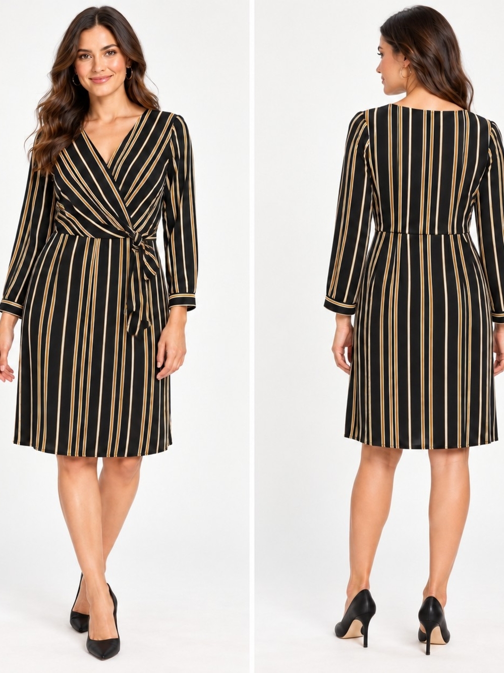 Promesa Black and Gold Striped Faux-Wrap Midi Dress